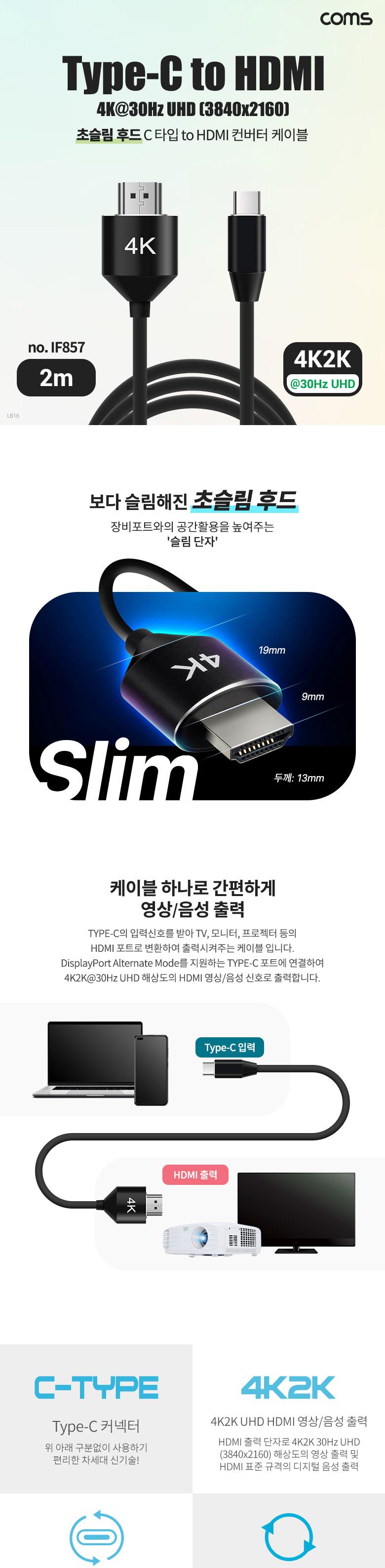 Coms 초슬림 후드 USB 3.1(Type C) 컨버터 케이블 2m/케이블/컨버터케이블/HDMI컨버터케이블/영상출력케이
