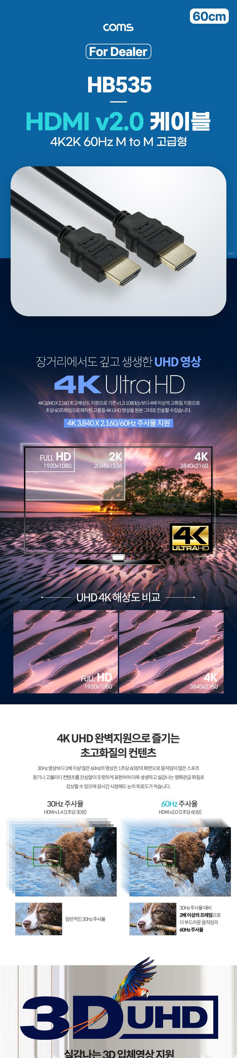 Coms (딜러용) HDMI 케이블 V2.0 60cm 4K2K 60Hz/HDMIV20선/HDMIV20케이블/HDMI케이블/케이블/연결케이블/H