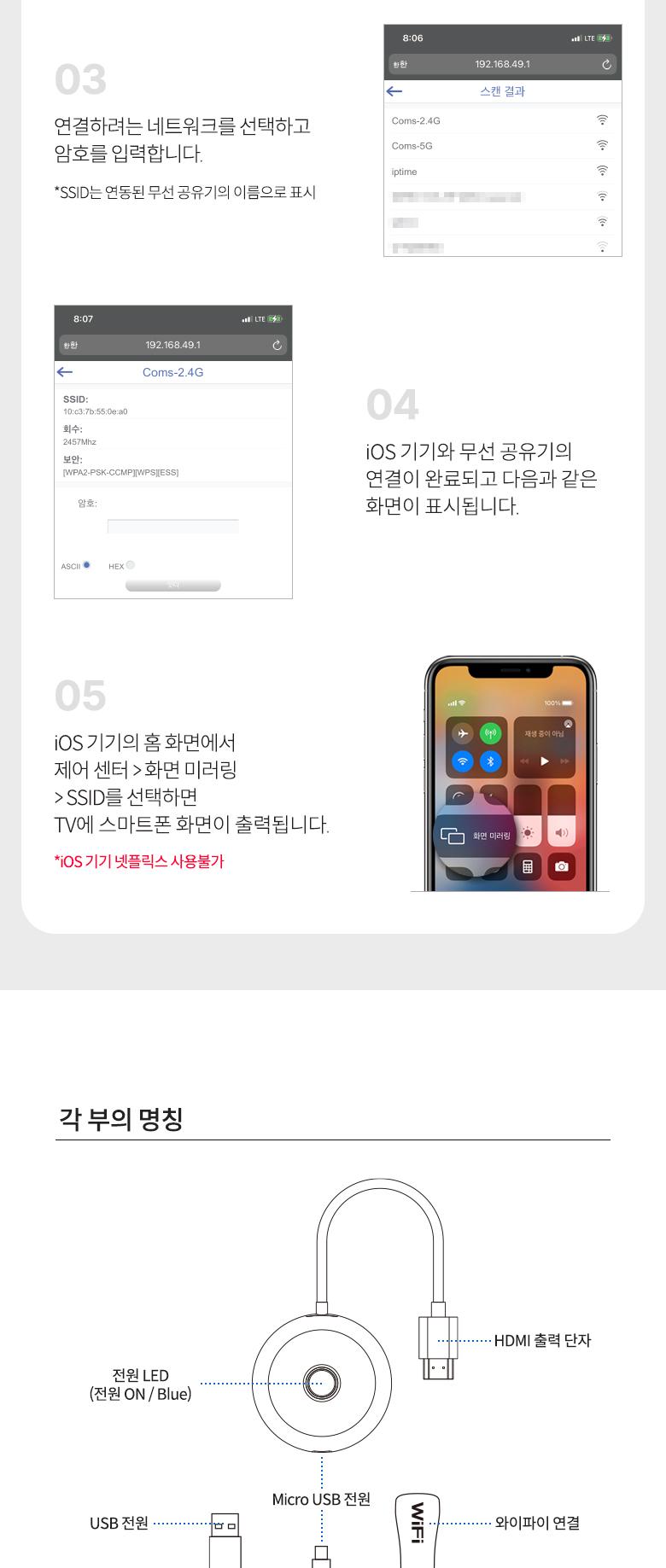 Coms 4K 무선 미러링 MHL 동글 스마트폰 듀얼밴드/동글/동글이/MHL동글/MHL동글이/무선미러링동글/무선미러