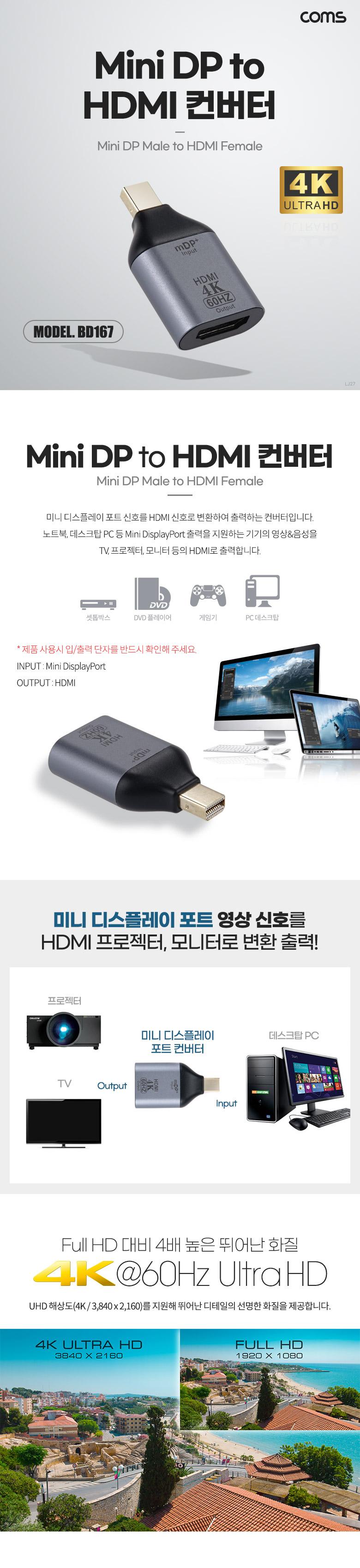 Coms 미니 디스플레이포트 to HDMI 변환젠더 컨버터 4K 60Hz Mini DP M to HDMI F DisplayPort/디스플레이