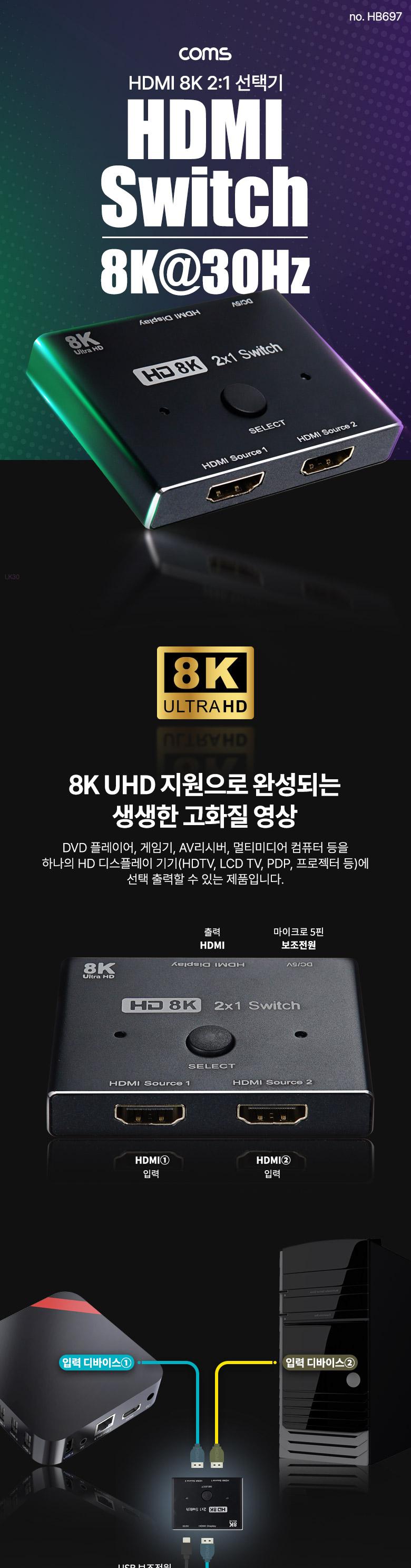 Coms HDMI 선택기 2:1 8K 30Hz 4K 120Hz/영상선택기/모니터선택/비디오선택기/HDMI선택기/모니터선택기/HDM