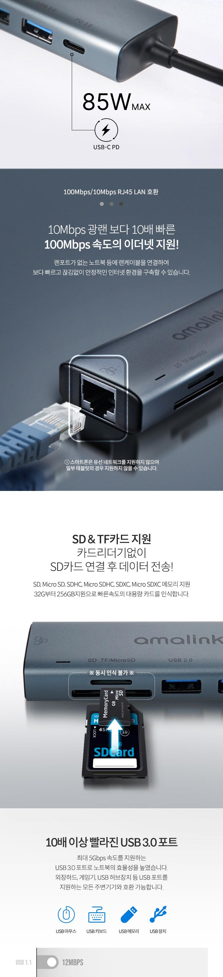 Coms USB Type C 멀티허브. USB 3.0. 2.0. Type-C(PD) 포트. RJ45 이더넷 랜 LAN. SD TF Card/도킹스테이션