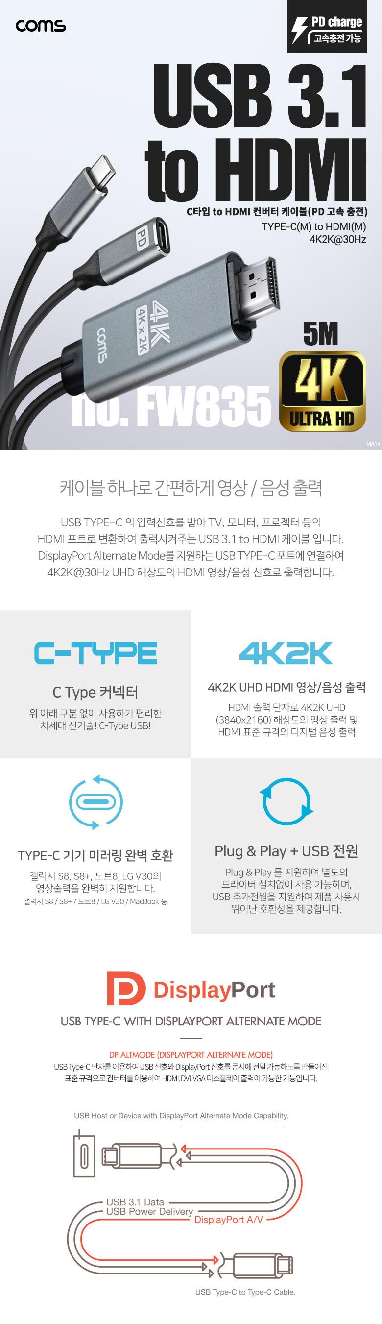 Coms USB Type C to HDMI 2.0 컨버터 케이블 5M C타입 PD 고속충전 4K 30Hz UHD/TYPECTOHDMI컨버터/TYPECTO