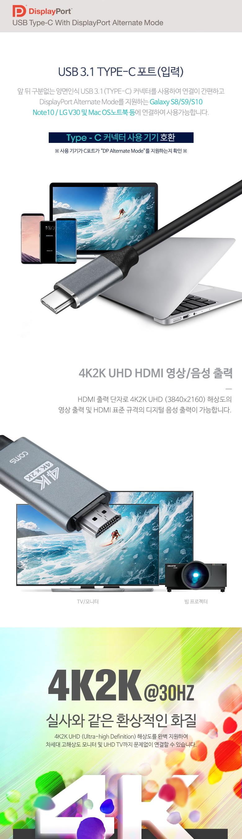 Coms USB Type C to HDMI 2.0 컨버터 케이블 5M C타입 PD 고속충전 4K 30Hz UHD/TYPECTOHDMI컨버터/TYPECTO