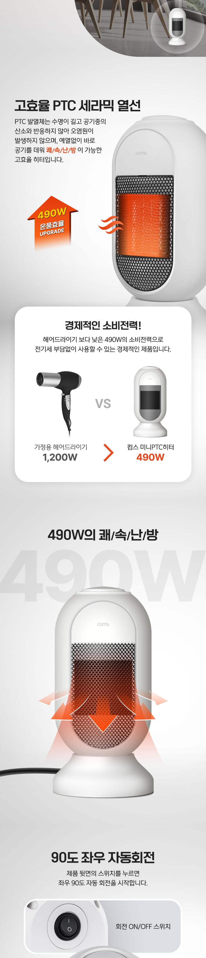 (겨울상품) Coms 미니 PTC 히터. 가정용 전기히터 온풍기. 난로. 소형 쾌속난방 좌우 자동회전 과열방지/PT