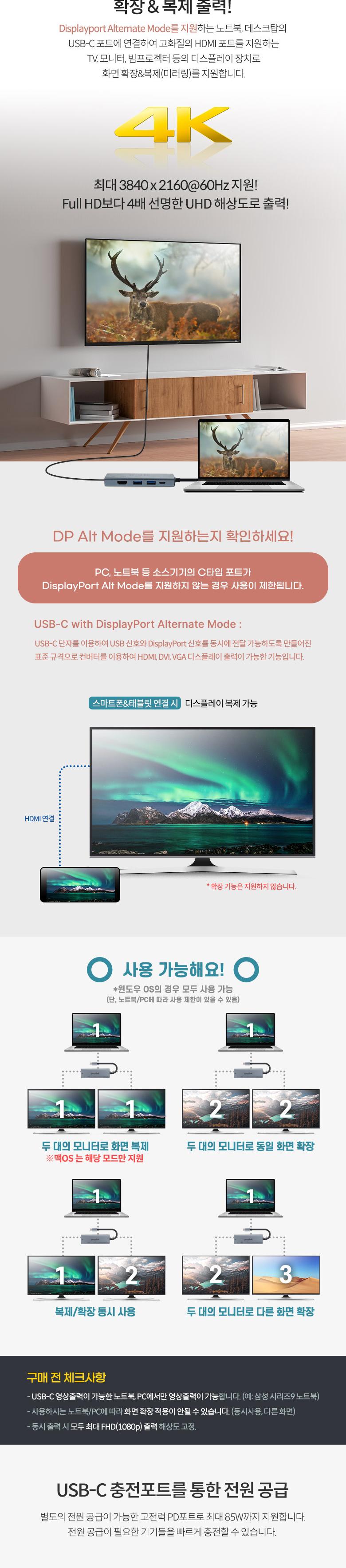 Coms USB Type C to HDMI 듀얼 컨버터. 4K 60Hz. HDMIx2 + USB2.0x2 + PD3.0. 허브 화면미러링