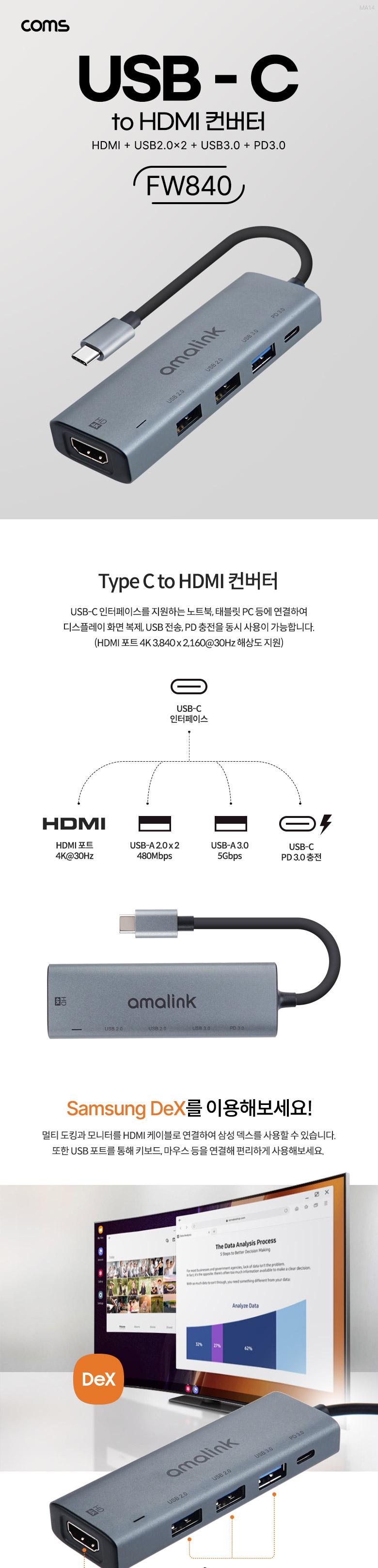 Coms USB Type C to HDMI 컨버터. 4K 30Hz. HDMI + USB2.0x2 + USB3.0 + PD3.0. 멀티 허브 화면미러링