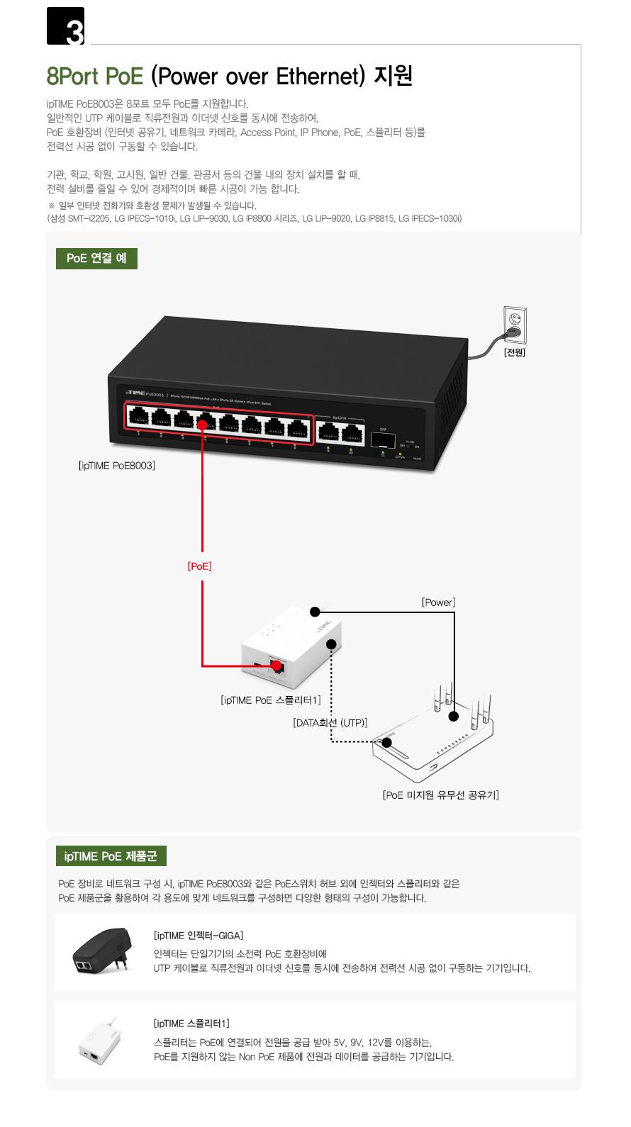 IPTIME POE8003 8포트 기가 SFP포트 8포트허브 POE허브 기가비트허브 포트허브 스위칭허브 스위칭 허브 컴퓨터허브 네트워크허브 네트워크장비