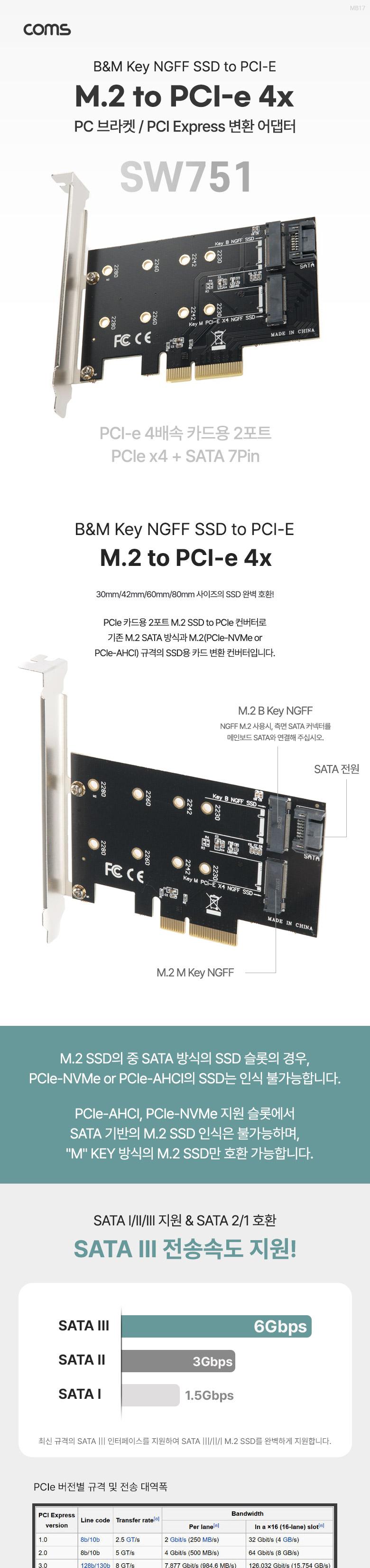 Coms PCI Express 변환 컨버터 M.2 NGFF SSD KEY BM to PCI-E 4x 변환 카드 써멀패드 PC 브라켓/PCIEXPRESS