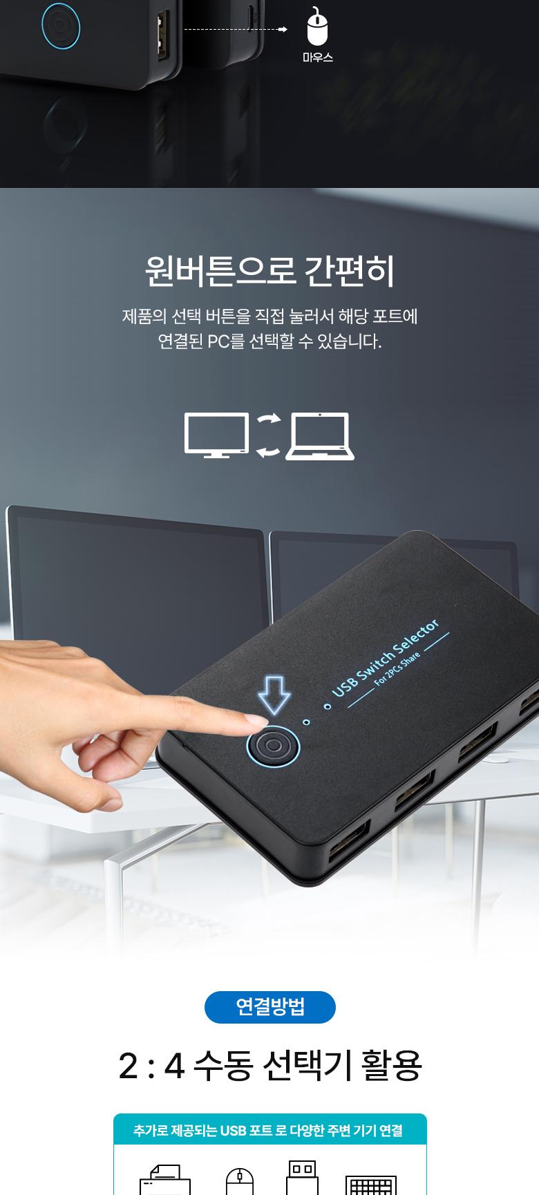 Coms USB 2.0 선택기 2:4 수동 스위치/선택기/수동선택기/USB선택기/USB수동선택기/USB20선택기/USB20수동