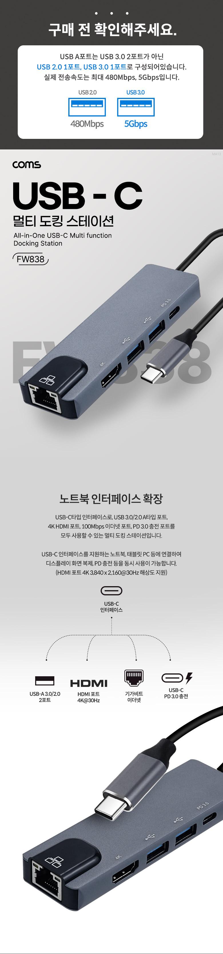 Coms USB C타입 멀티 허브 HDMI 4K 30Hz USB 3.1(Type C) PD USB 3.0 RJ45 이더넷 랜 LAN/C타입TOHDMI컨버