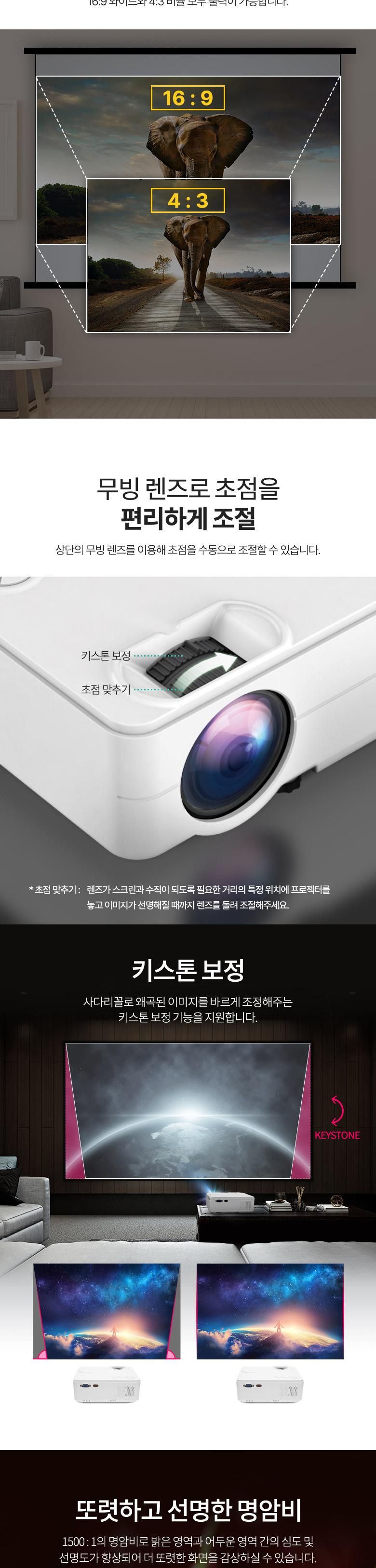 Coms 스마트 빔프로젝터 무선 와이파이 WiFi 미러링 1080P FHD 입력지원 2000루멘. 1280x720 출력 Airplay 