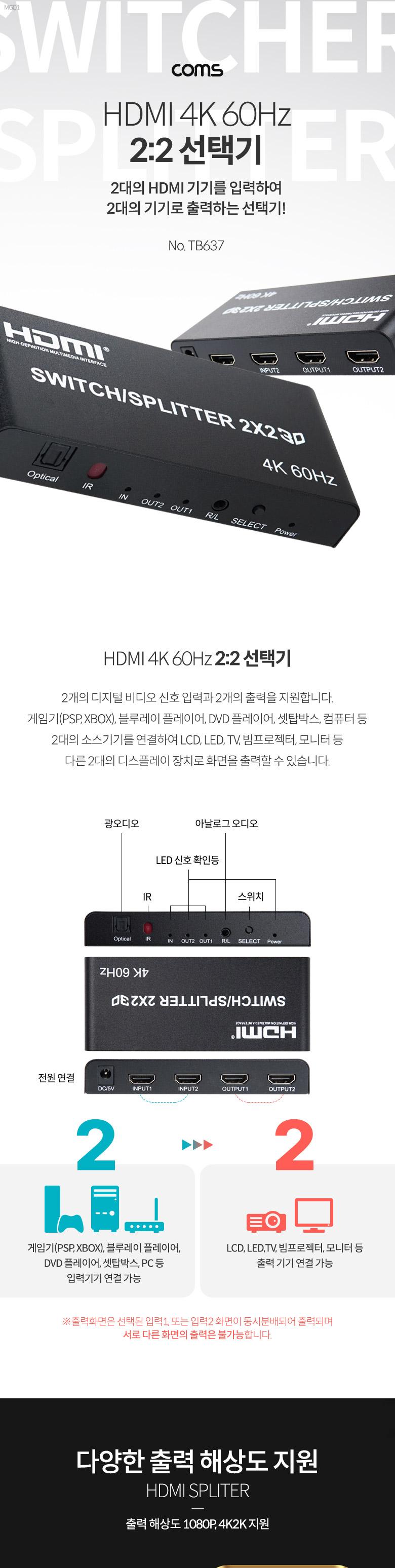 Coms HDMI 선택기 매트릭스 2:2 4K 60Hz. 화면복제. 원거리 조작. 스위치 버튼/선택기/네트워크선택기/컴퓨