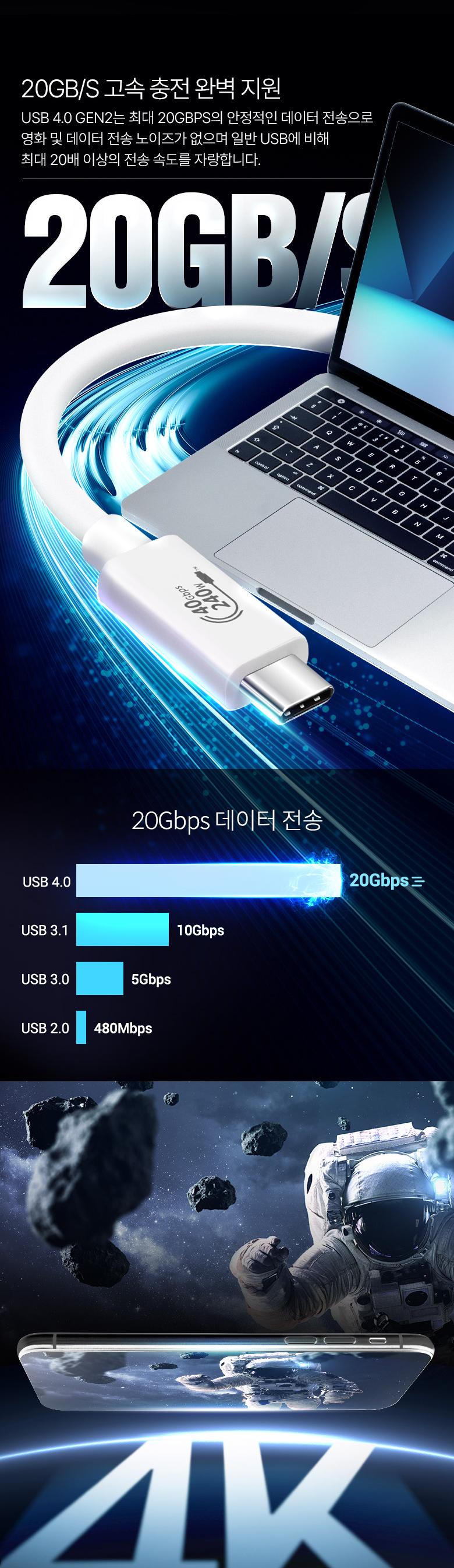 Coms USB 4.0 GEN2 Type C PD 고속충전 케이블 2m C타입 to C타입 240W E-Marker 이마커 최대 20Gbps/휴대
