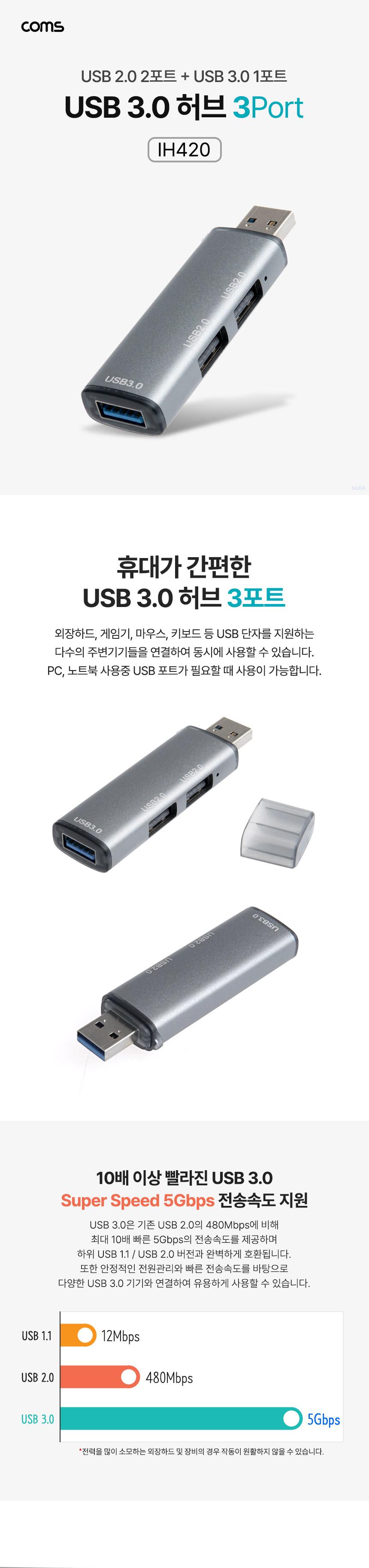 Coms USB 3.0 허브 3포트/멀티허브/스마트USB허브/USB3포트허브/USB충전포트/USB허브/USB포트/3포트허브/3