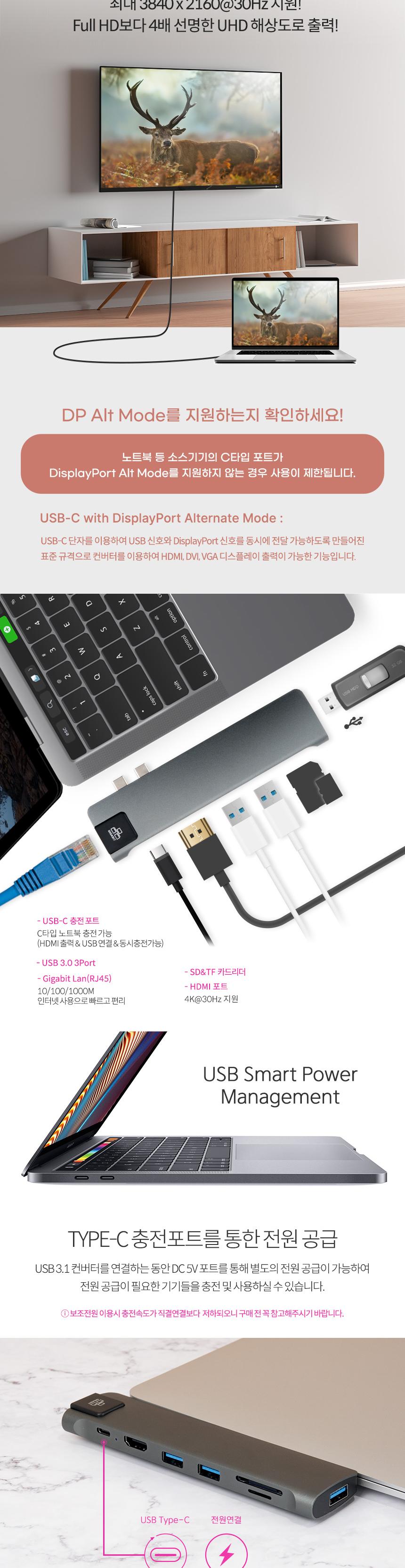 Coms USB C타입 맥북 멀티 허브. 듀얼 인터페이스 USB 3.0 3포트 HDMI 4K 30Hz GIgabit LAN 이더넷 RJ45 SD