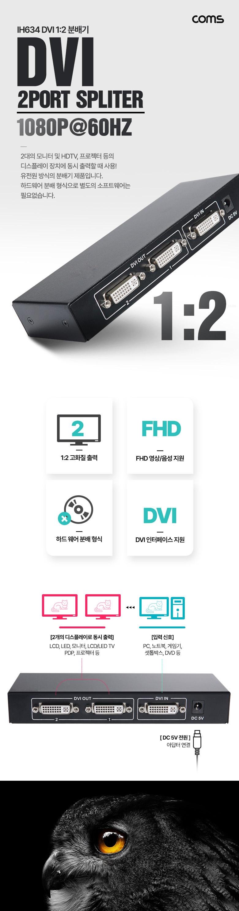 Coms DVI 분배기 1:2 1920x1080 HDCP지원 FULL HD/DVI분배/DVI분배기/분배기/12분배기/12DVI분배기/DVI12분