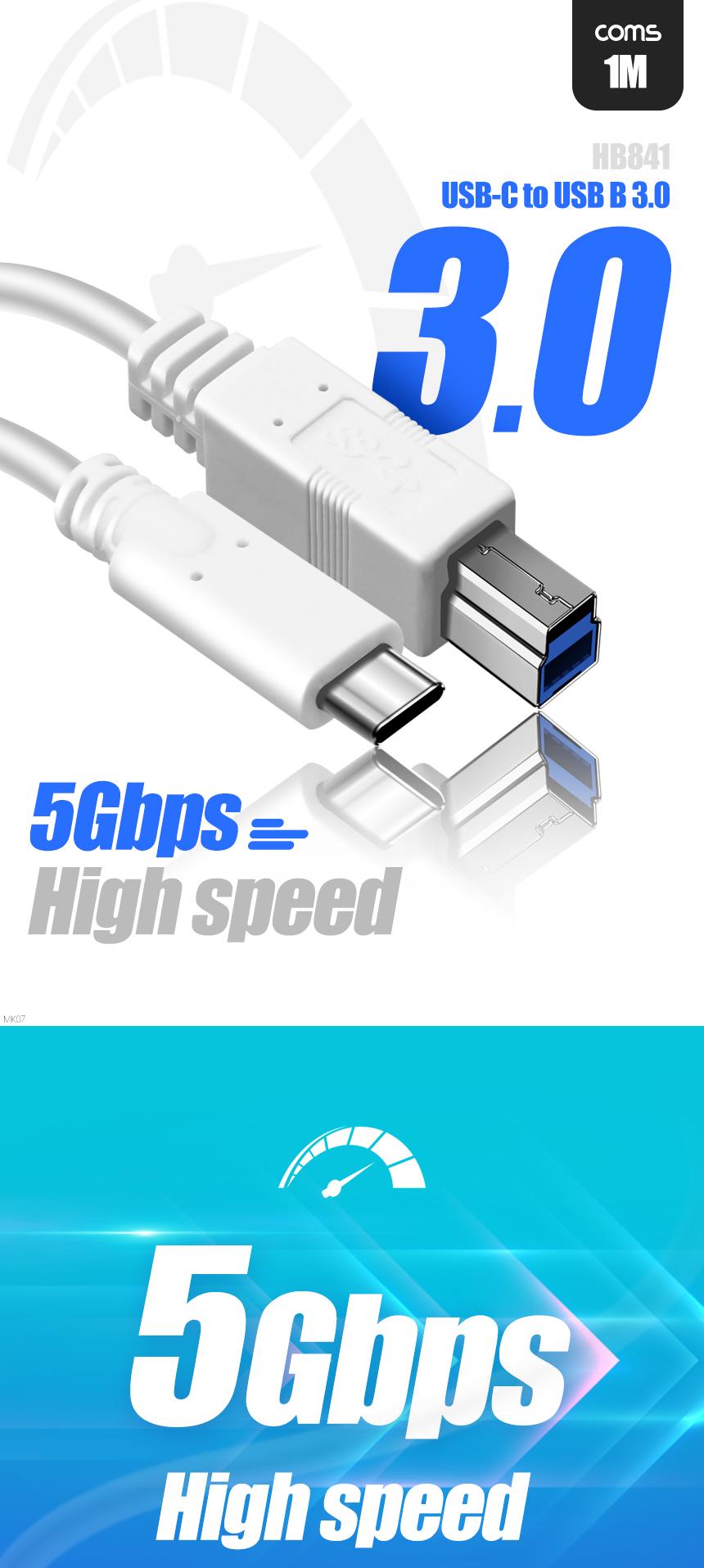 Coms USB 3.1 Type C to Type B 3.0 케이블 1m C타입 to B타입 5Gbps/USB연결/USB연장선/스마트폰케이블/US