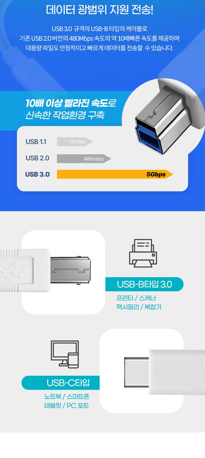 Coms USB 3.1 Type C to Type B 3.0 케이블 1m C타입 to B타입 5Gbps/USB연결/USB연장선/스마트폰케이블/US