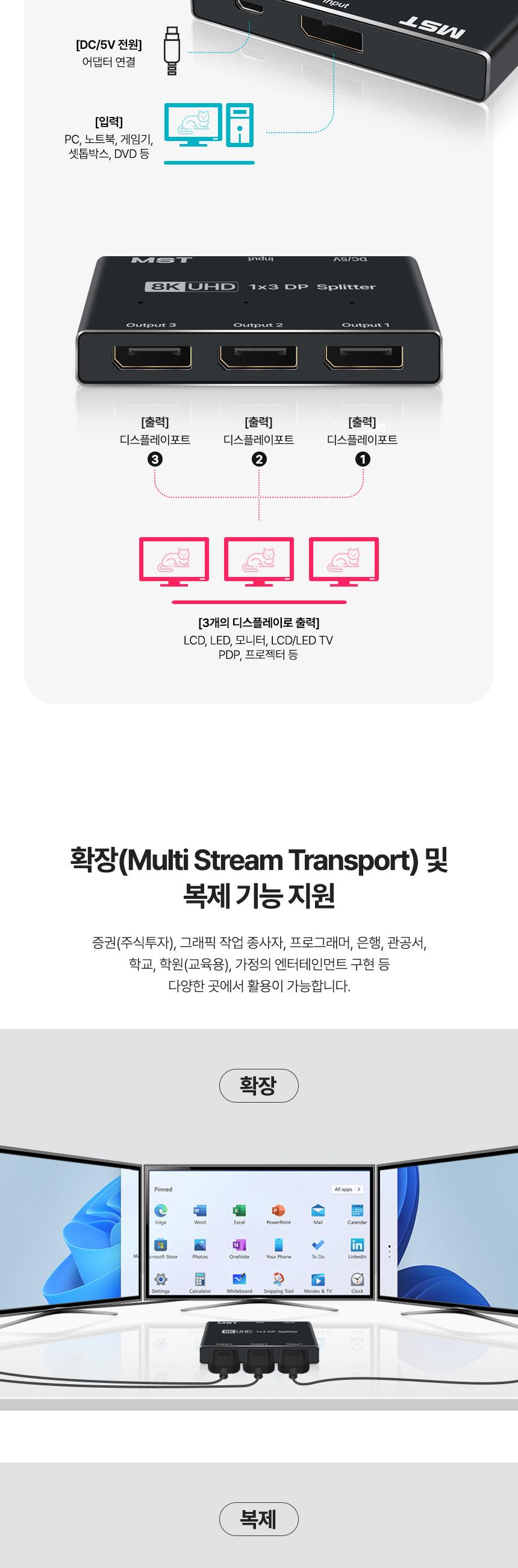 Coms 디스플레이포트 분배기 1:3 DP1.2 8K4K UHD/분배기/컴퓨터분배기/PC분배기/네트워크분배기/화면분배기