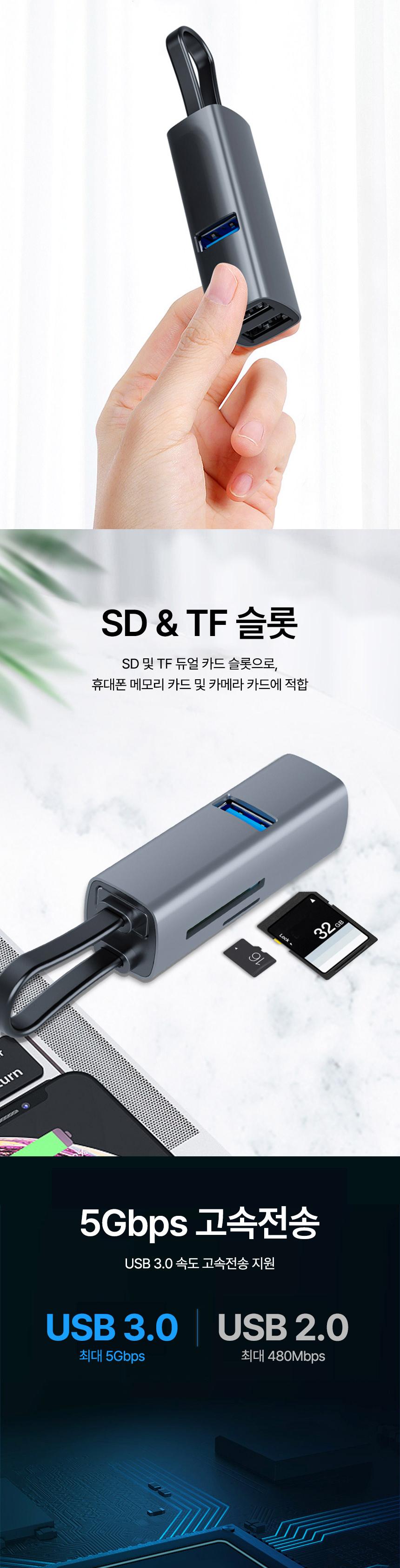 Coms USB Type C 멀티허브 3포트 5IN1 C타입 컨버터 카드리더기/허브/멀티허브/USB허브/C타입허브/카드리더