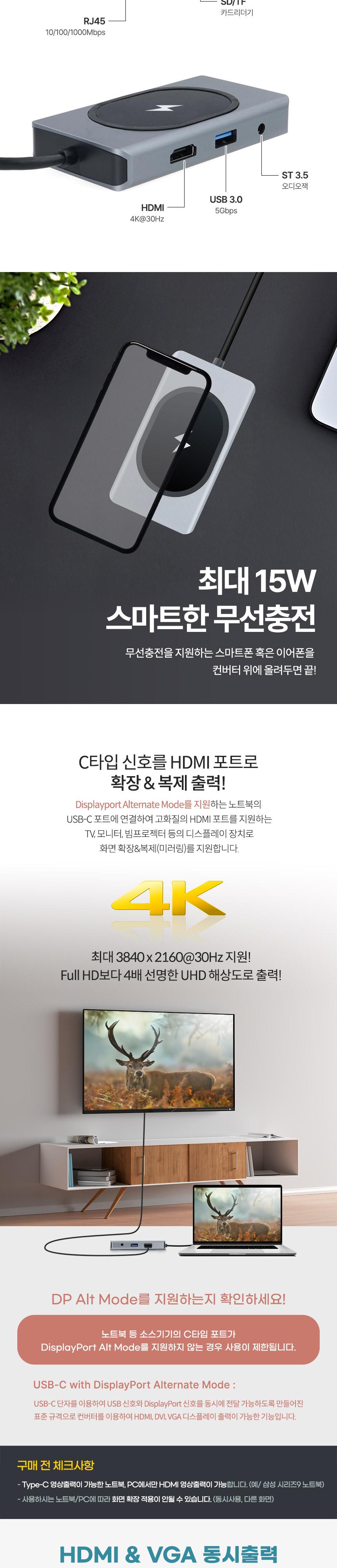 Coms C타입 무선충전 올인원 멀티 컨버터 USB-C Type C PD HDMI VGA 동시출력 SD TF 카드리더 1Gbps Gigabi