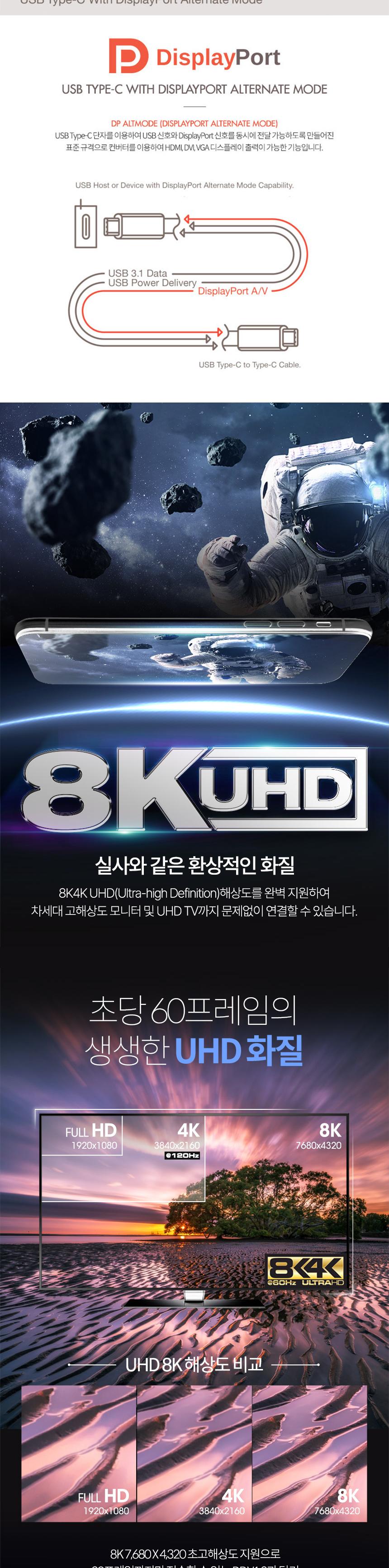 Coms USB Type C to DP 컨버터 변환 젠더 C타입 DisplayPort 디스플레이포트 8K 60Hz UHD 4K 120Hz/VGA젠더