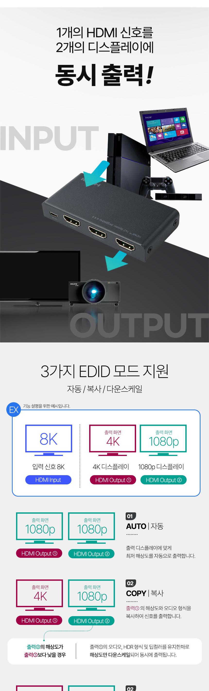 Coms HDMI 분배기 1:2 8K 60Hz 4K 120Hz HDR UHD 화면 EDID 다운스케일/화면분배기/영상분배기/모니터분배