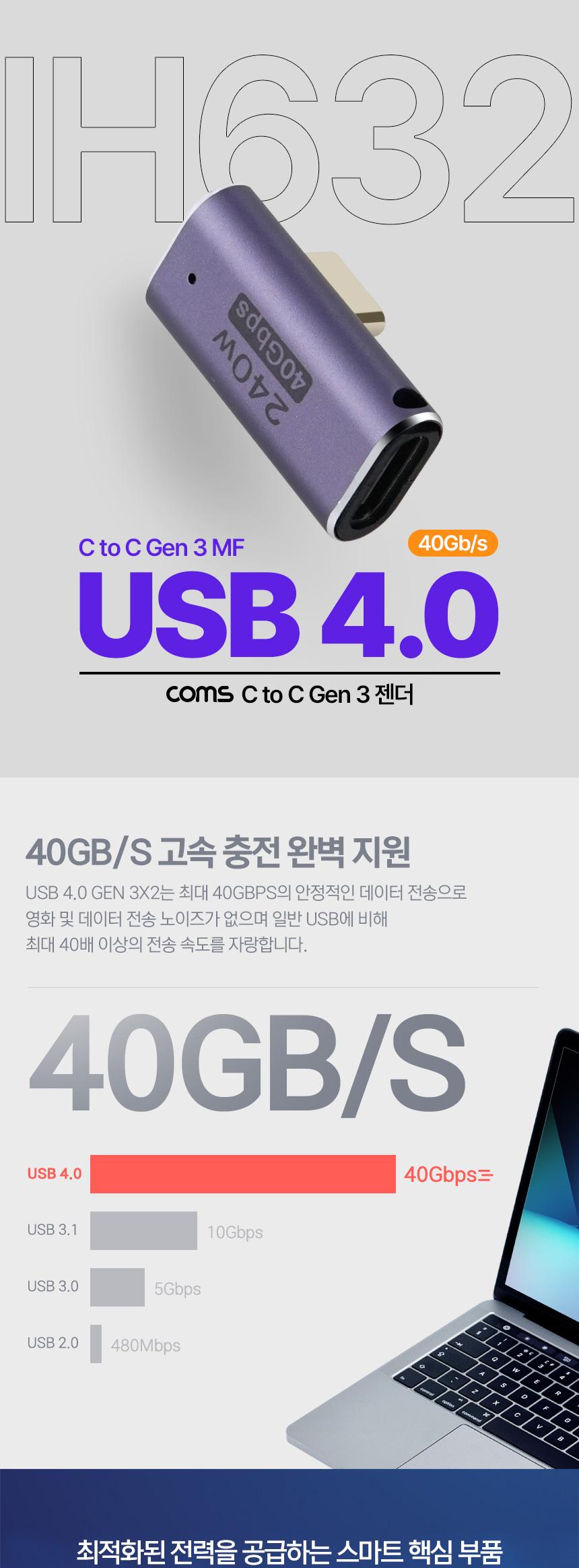 Coms USB 4.0 Type C 꺾임 젠더 C to C타입 GEN3 240W 40Gbps/변환젠더/컴퓨터젠더/연결젠더/데이터전송/휴