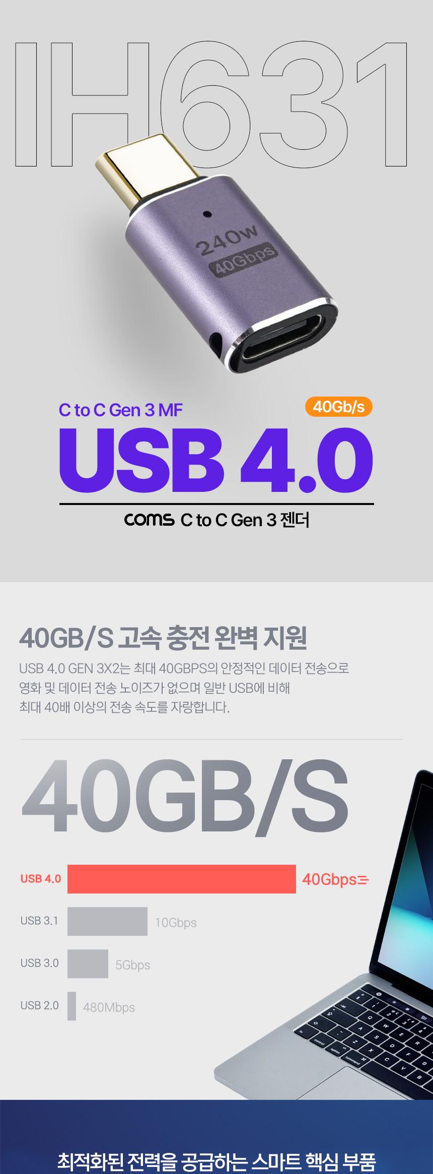 Coms USB 4.0 Type C 젠더 C to C타입 GEN3 240W 40Gbps/변환젠더/컴퓨터젠더/연결젠더/데이터전송/휴대폰