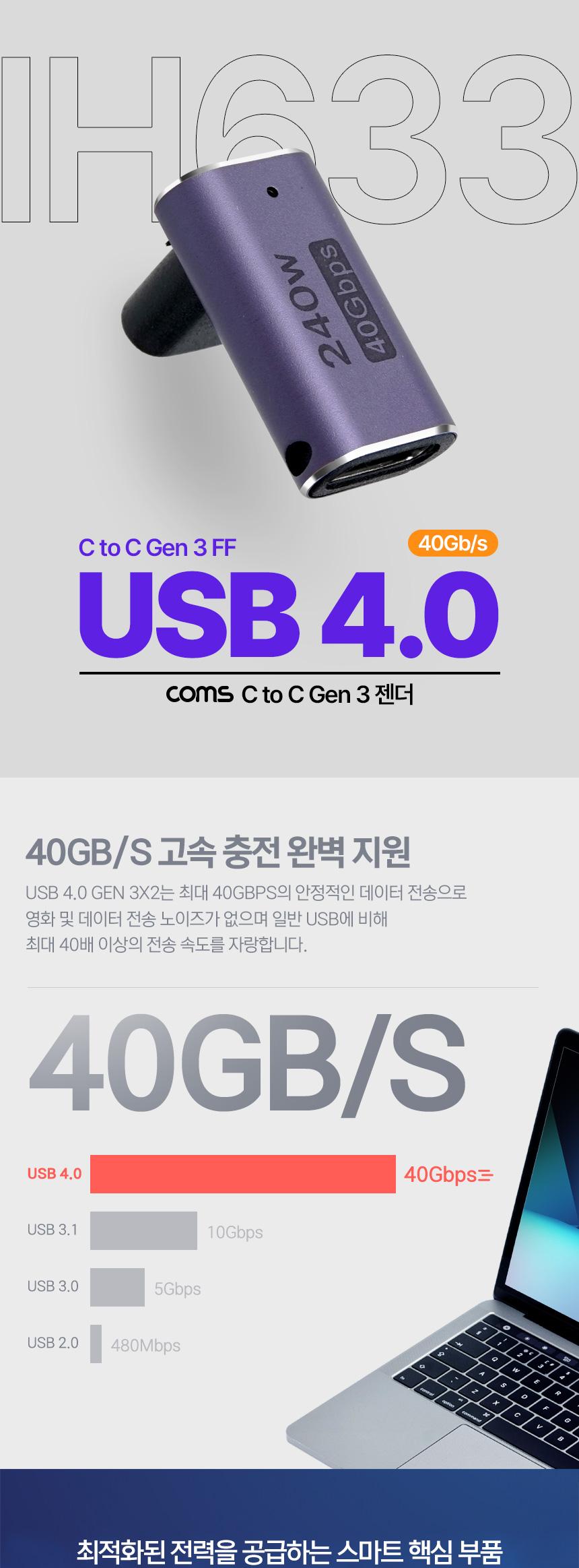 Coms USB 4.0 Type C 꺾임 젠더 C to C타입 GEN3 240W 40Gbps/변환젠더/컴퓨터젠더/연결젠더/데이터전송/휴