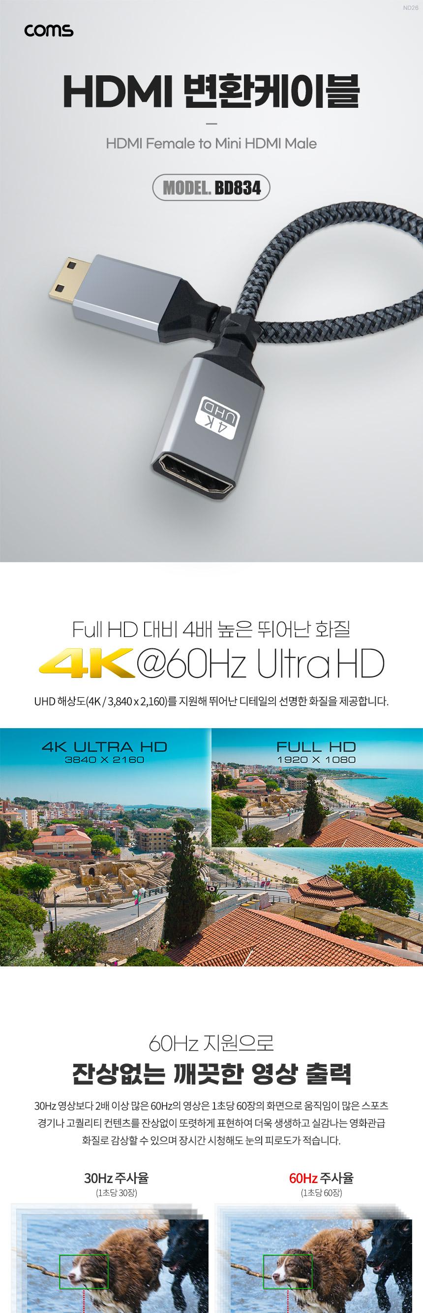 Coms 미니 HDMI 변환 케이블 젠더 HDMI F to Mini HDMI M 4K 60Hz UHD 20cm/케이블/변환케이블/HDMI케이블/