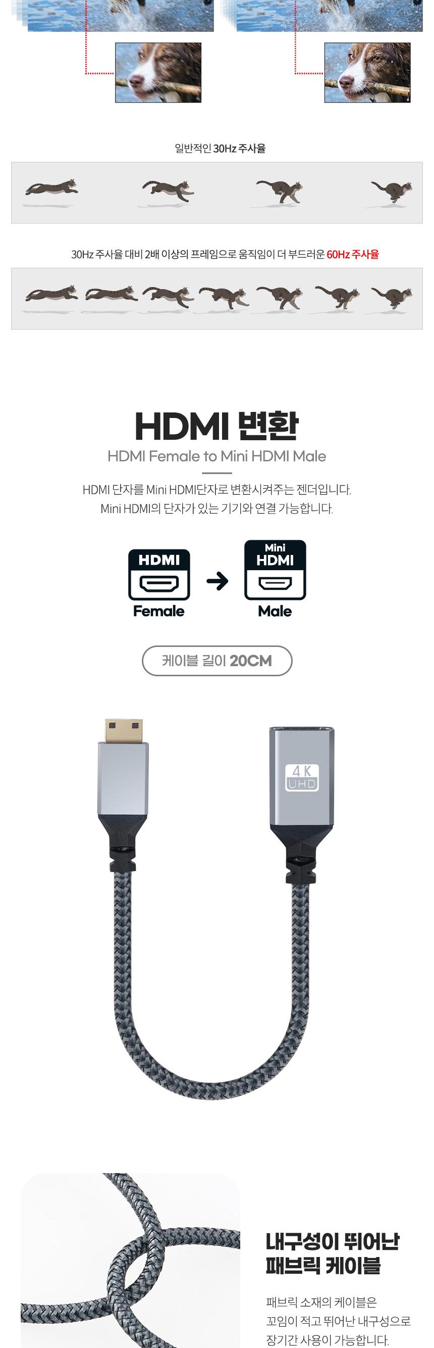 Coms 미니 HDMI 변환 케이블 젠더 HDMI F to Mini HDMI M 4K 60Hz UHD 20cm/케이블/변환케이블/HDMI케이블/