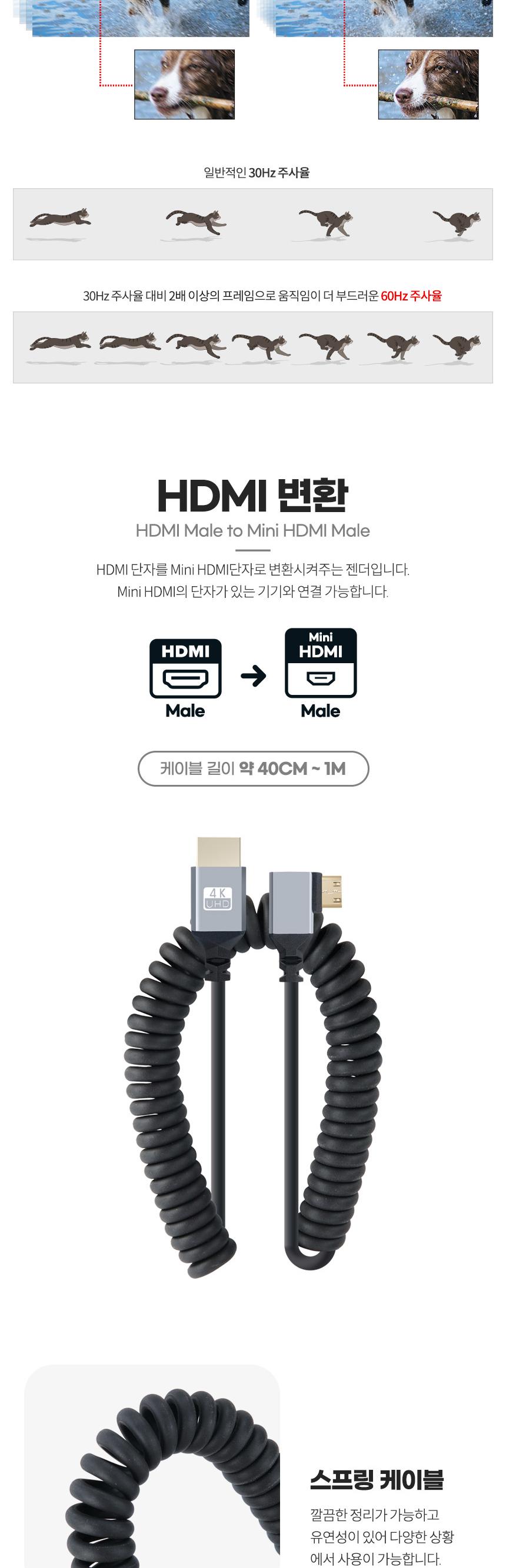 Coms 미니 HDMI 변환 스프링 케이블 HDMI M to Mini HDMI M 4K 60Hz UHD 꺾임형/케이블/변환케이블/HDMI케