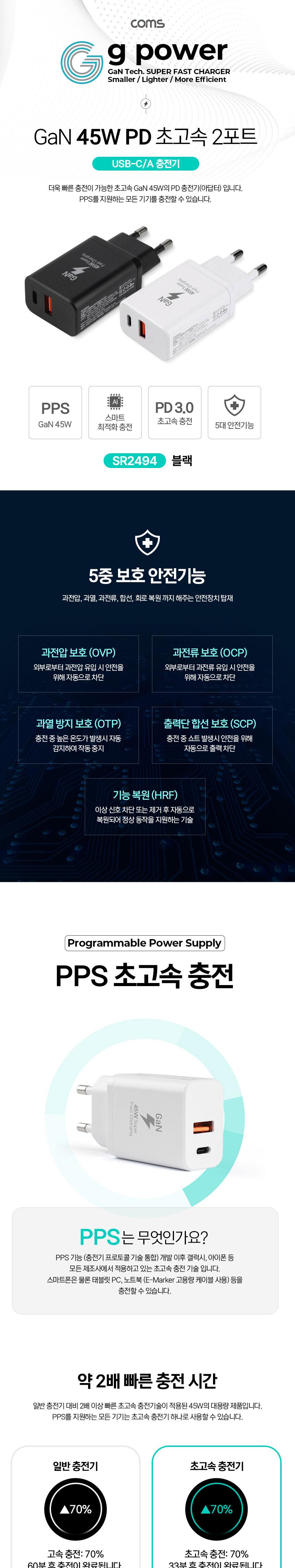 Coms g power GaN PD 45W 초고속 가정용 충전기 1.5M 블랙 2Port Type C 케이블/충전기/고속충전기/초고속