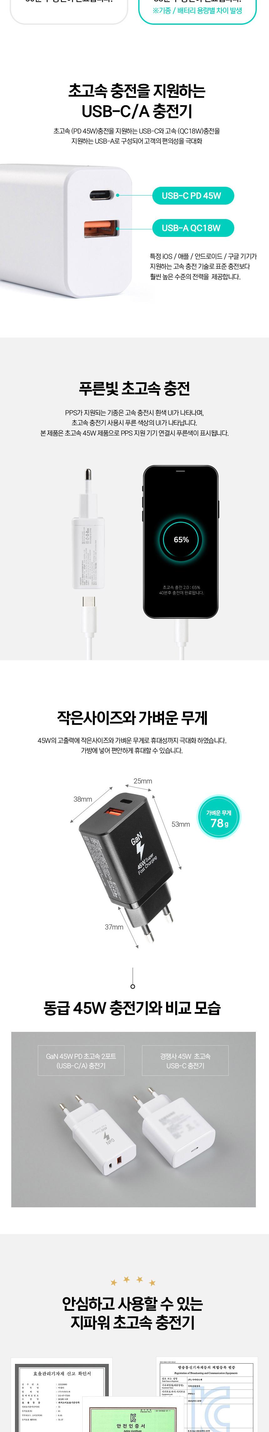 Coms g power GaN PD 45W 초고속 가정용 충전기 1.5M 블랙 2Port Type C 케이블/충전기/고속충전기/초고속