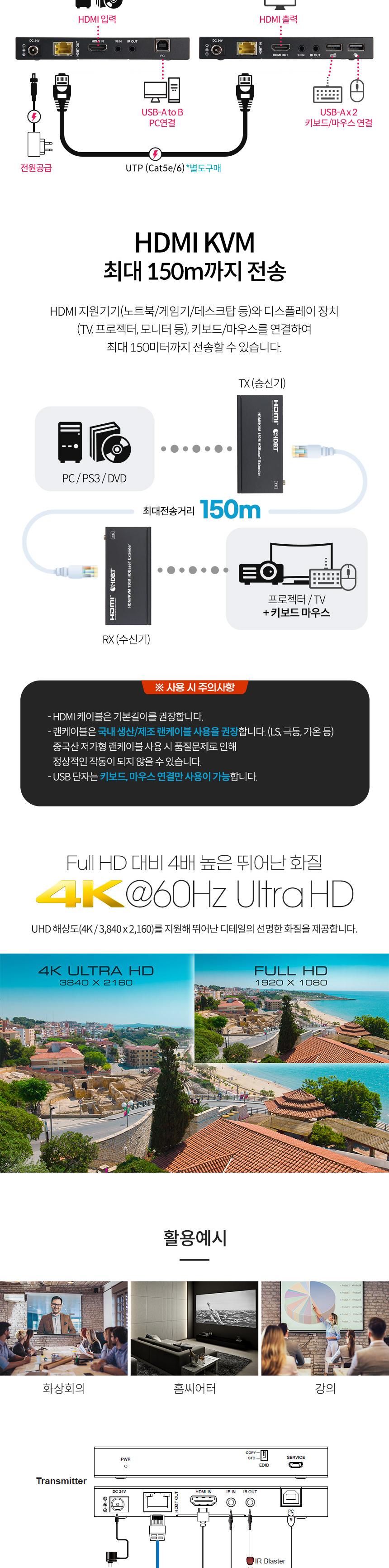 Coms HDMI KVM 리피터 150m HDBaseT 4K 60Hz/키보드거리연장리피터/마우스거리연장리피터/거리연장리피터/