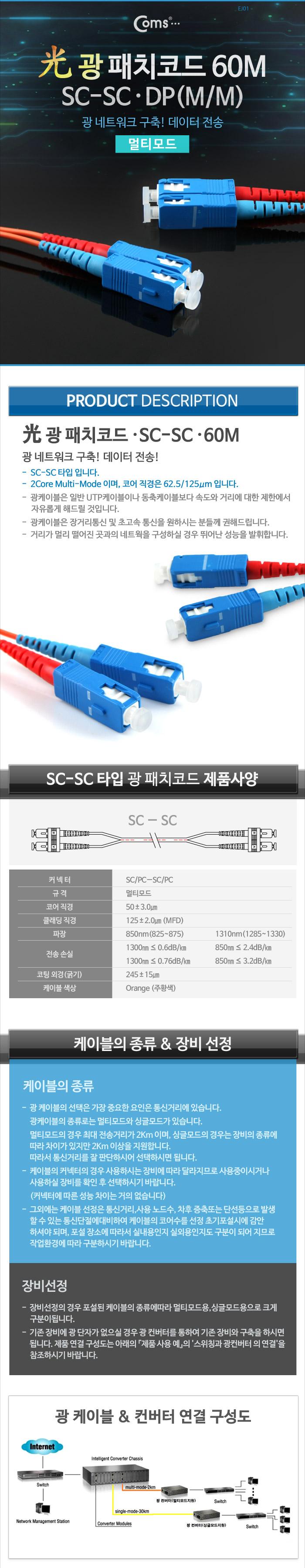 Coms 광패치코드 (M M SC-SC DP). 60M/오디오케이블/광케이블/AV케이블/케이블/엑세서리/엑세사리/음향케이
