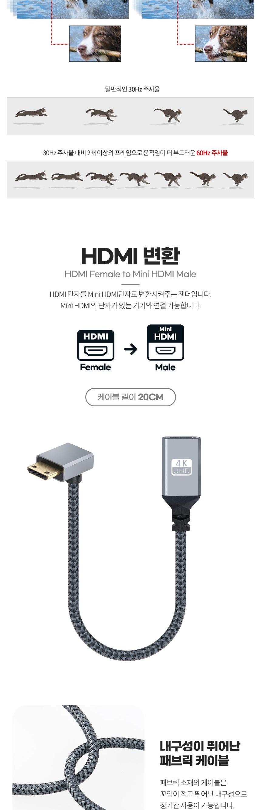 Coms 미니 HDMI 변환 케이블 젠더 HDMI F to Mini HDMI M 4K 60Hz UHD 20cm 꺾임형/젠더케이블/변환케이블/