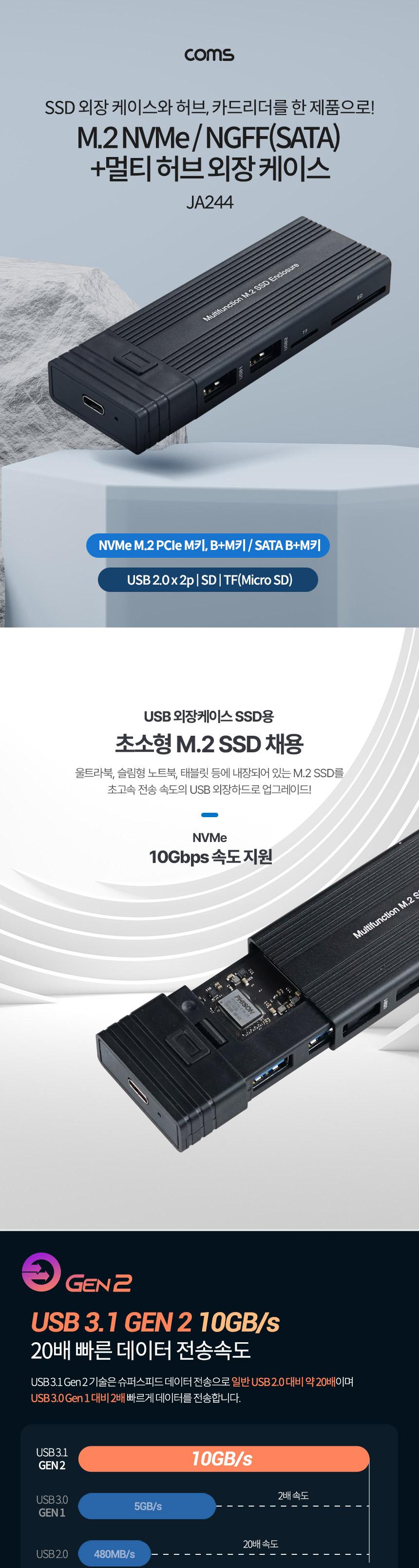 Coms M.2 SSD NVME NGFF SATA 외장케이스/외장SSD카드리더기/멀티허브외장케이스/SSD외장하드/멀티허브외장