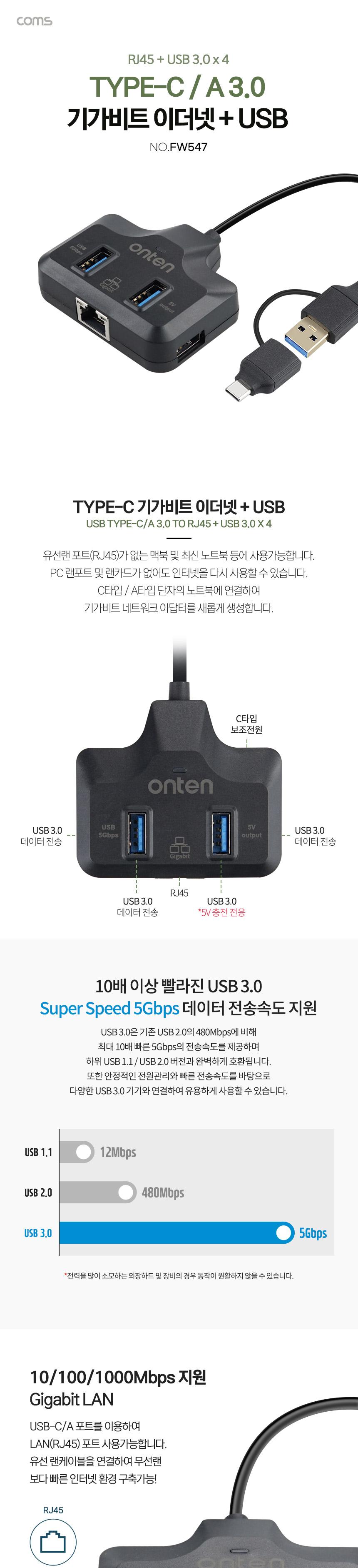 Coms USB C A 3.0 멀티 허브/기가비트이더넷USB허브/기가비트이더넷허브/30멀티허브/멀티허브/스마트USB허