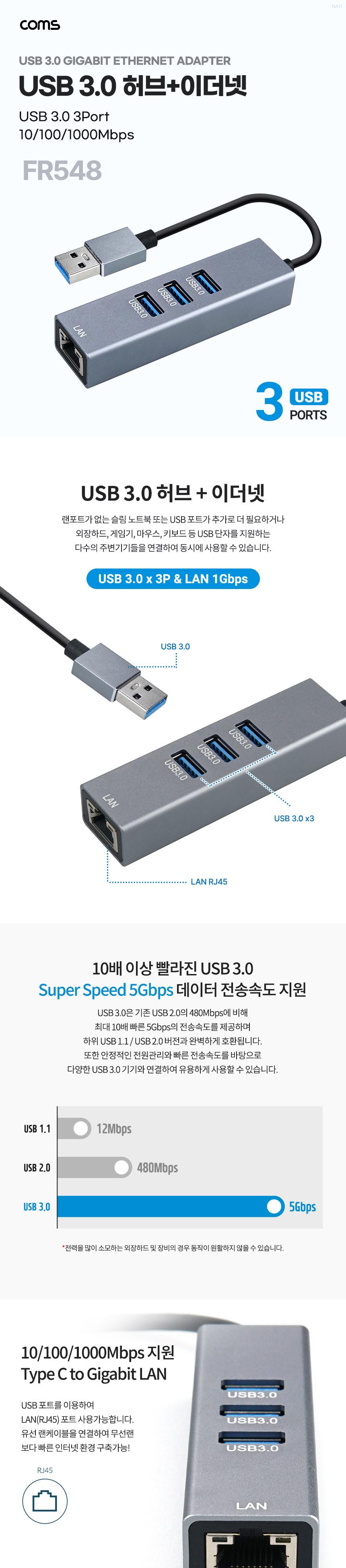 Coms USB 3.0 허브 3포트 LAN RJ45 10 100 1000Mbps/멀티허브/스마트USB허브/USB3포트허브/이더넷/허브이더