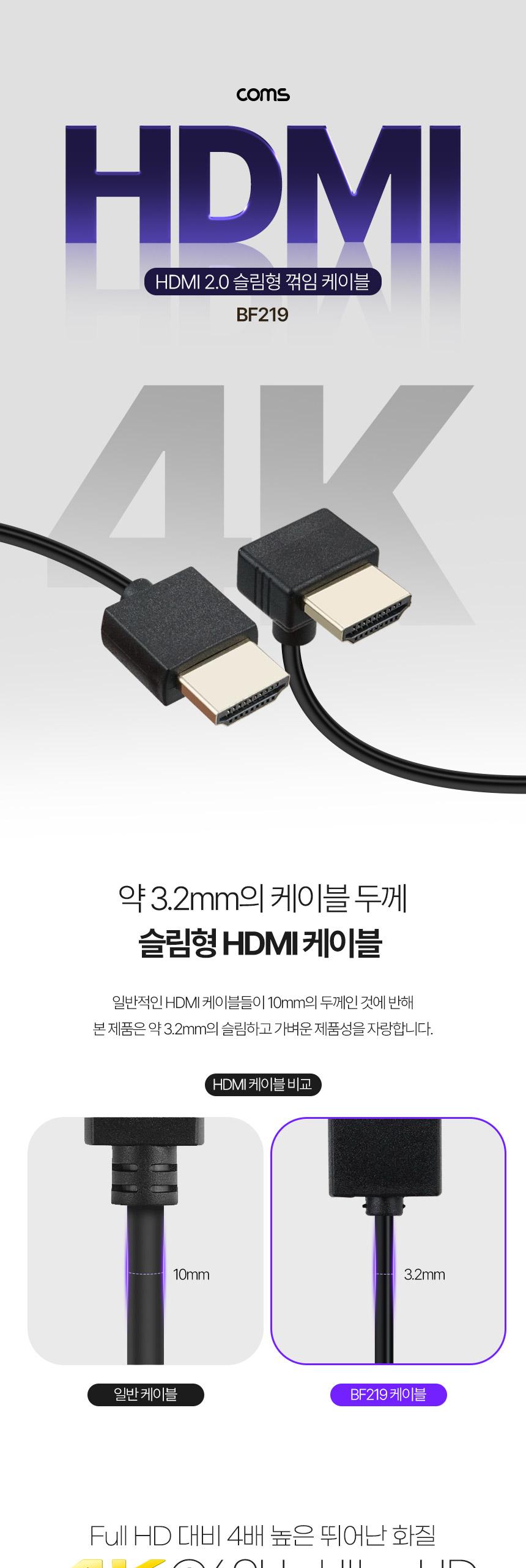 Coms HDMI 초슬림 케이블 1m V2.0 4K2K 60Hz/HDMI꺾임형케이블/HDMI꺾임케이블/HDMI케이블/케이블/연결케이