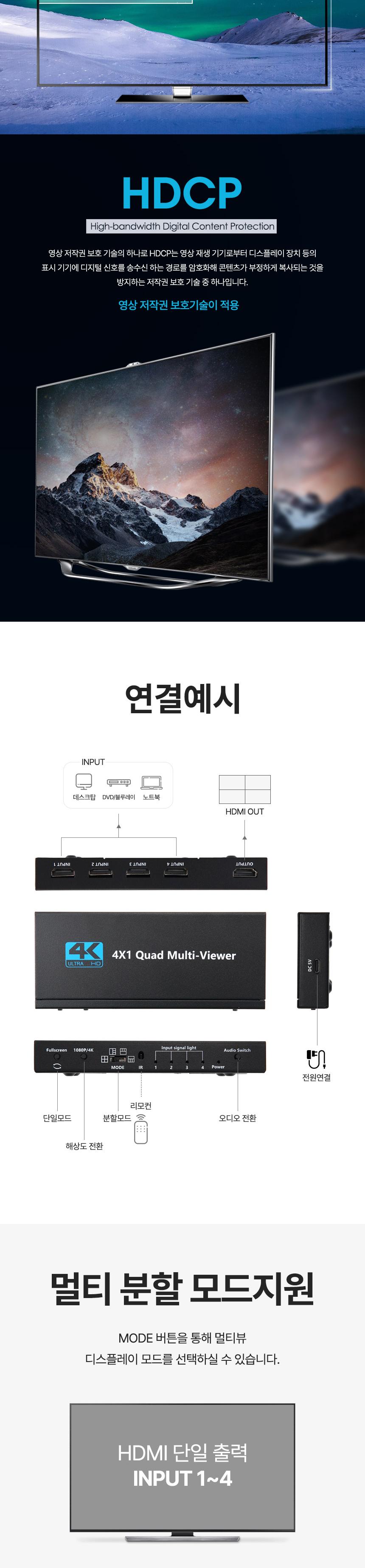 Coms HDMI 화면 분할기 4:1 멀티뷰어 4K 30Hz/1HDM화면분할기/41화면분할기/41HDM분할기/HDM분배기/HDM화면