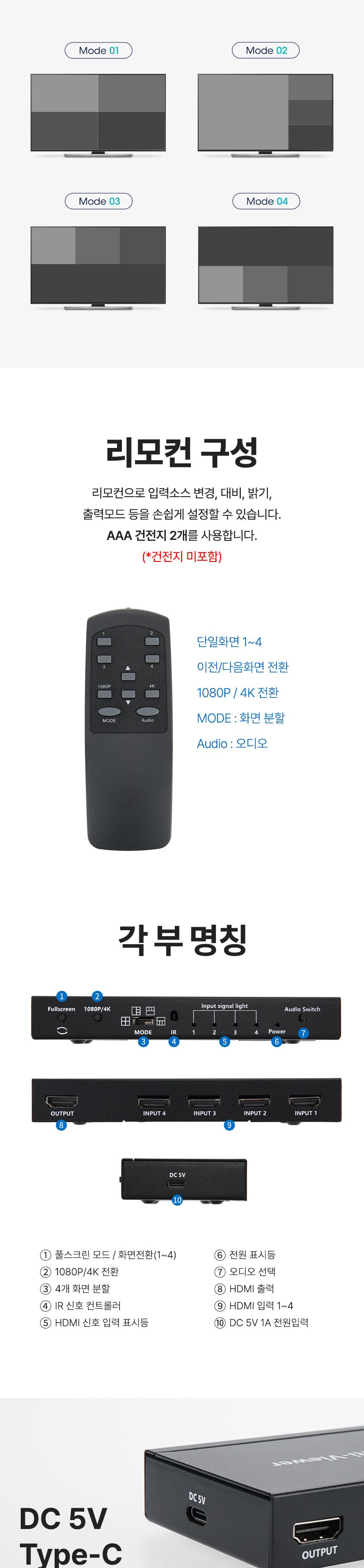 Coms HDMI 화면 분할기 4:1 멀티뷰어 4K 30Hz/1HDM화면분할기/41화면분할기/41HDM분할기/HDM분배기/HDM화면