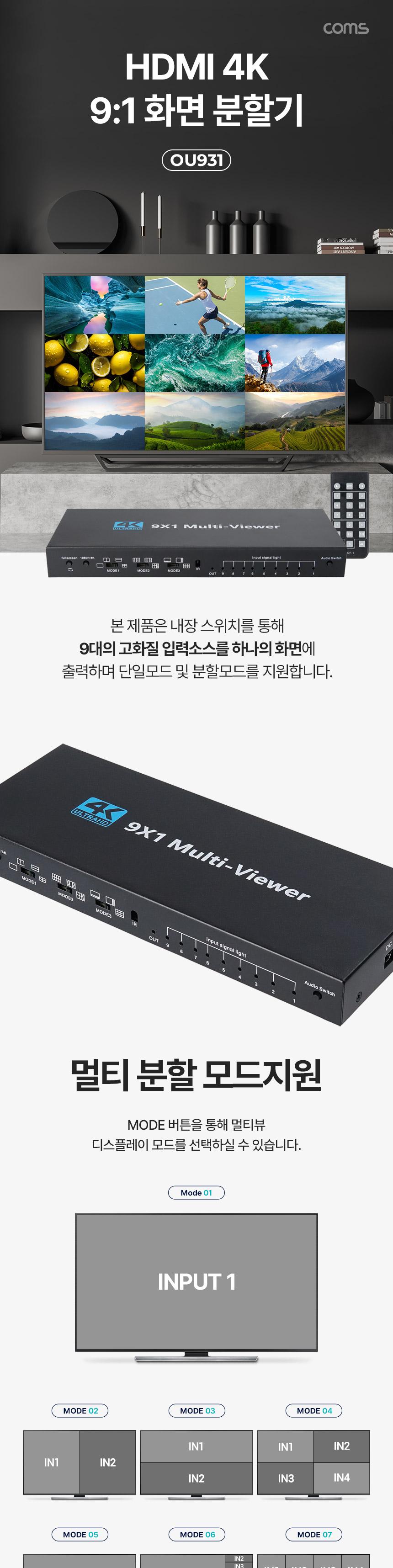 Coms HDMI 화면 분할기 1:9 멀티뷰어 4K 30Hz/19화면분할/HDMI4K19화면분할기/HDMI4K화면분할기/4K화면분할