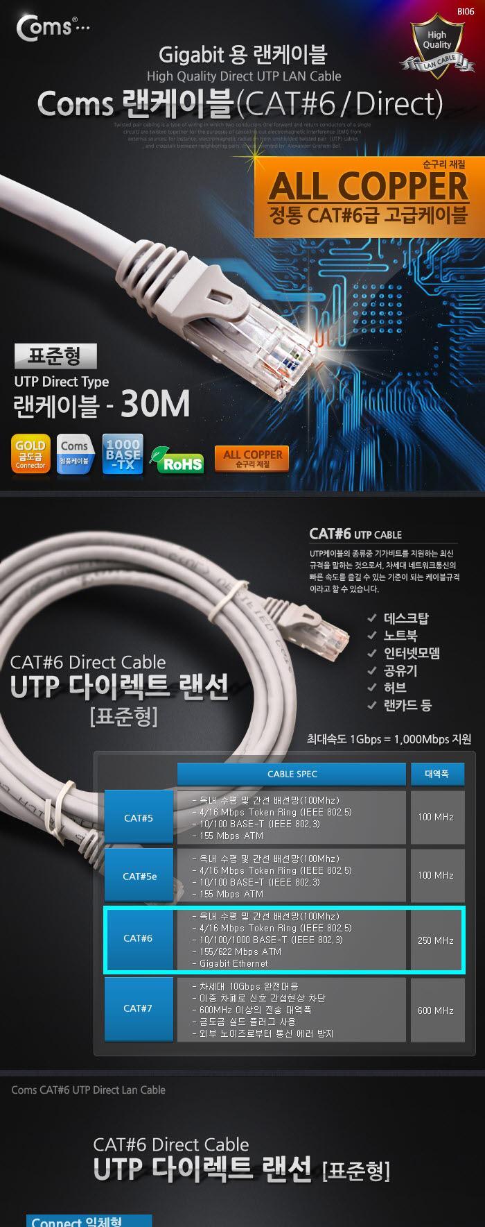 Coms UTP 기가비트 랜케이블(Direct Cat6) 30M 다이렉트 Gigabit 랜선 LAN RJ45/LAN케이블/LAN/랜케이블/렌