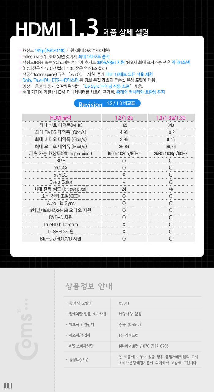 Coms HDMI DVI 케이블(일반 표준형) 3m HDMI v.1.3/노트북HDMI/HDMI/HDMI보급형/HDMI3M/HDMI케이블/HDMI연