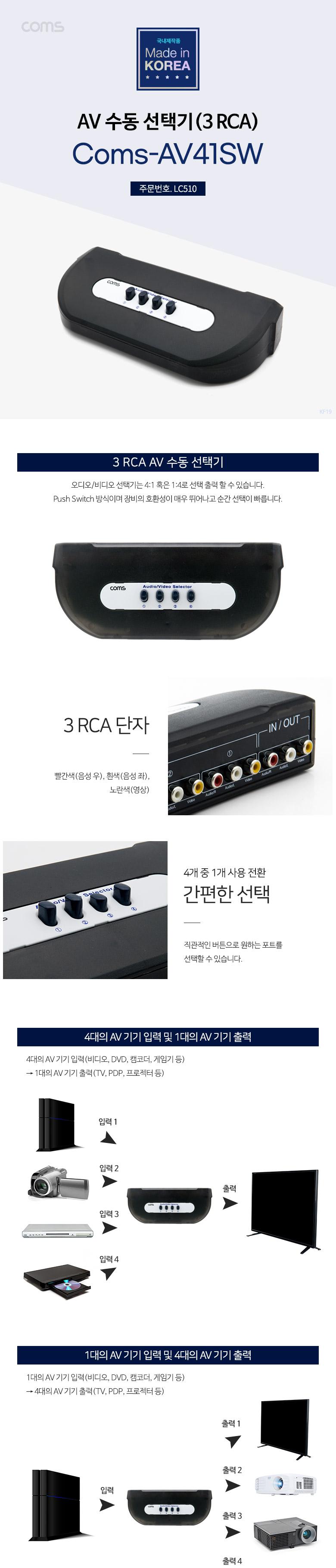 Coms 오디오 비디오 선택기 4:1 수동 스위치 3RCA/분배기/컴퓨터부품/네트워크주변기기/PC용품/네트워크장