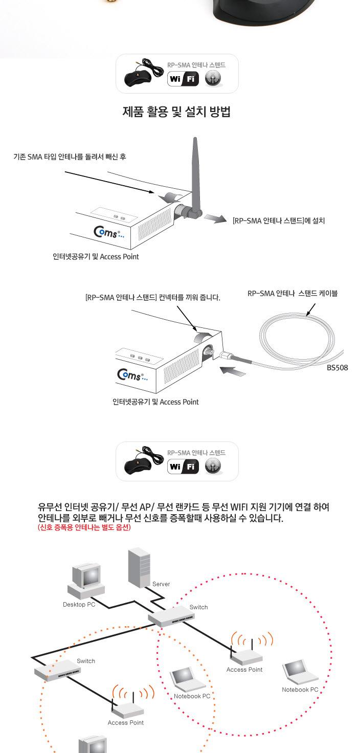 Coms RP-SMA 안테나(연장 스탠드)/안테나연장케이블/연장케이블/안테나선/TV안테나케이블/케이블/전기케이